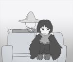  1girl bird black_hair couch crow feathers hat messy_hair monochrome monster_girl original scarecrow scared straw_hat sweat talons wings 