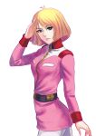  1girl blonde_hair blue_eyes breasts fateline_alpha gundam military military_uniform mobile_suit_gundam pantyhose sayla_mass short_hair solo uniform 