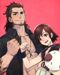  1boy 1girl brother_and_sister brown_hair choker clenched_hand final_fantasy final_fantasy_xv gladiolus_amicitia iris_amicitia jewelry looking_at_viewer lowres moogle muscle necklace scar siblings smile tattoo wristband yuzukarin 