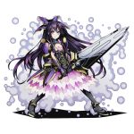  1girl armor armored_dress black_boots black_gloves boots bow breasts cleavage date_a_live divine_gate dress eyebrows_visible_through_hair floating_hair full_body gloves hair_bow high_heels holding holding_sword holding_weapon knee_boots layered_dress long_hair looking_at_viewer medium_breasts official_art purple_bow purple_hair shadow solo sword transparent_background ucmm violet_eyes weapon yatogami_tooka 