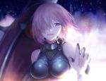  1girl armor armored_dress backlighting blurry breasts cleavage close-up command_spell commentary crying crying_with_eyes_open depth_of_field fate/grand_order fate_(series) hair_over_one_eye half-closed_eyes holding_shield large_breasts lens_flare looking_at_viewer open_mouth out_of_frame purple_hair reaching shield shielder_(fate/grand_order) short_hair sky smile solo_focus spoilers star_(sky) starry_sky tears teeth upper_body violet_eyes wowishi 