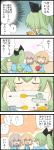  3girls 4koma anchovy ball bangs black_ribbon blonde_hair blue_eyes blue_shirt brown_eyes child closed_eyes closed_mouth comic drawing drill_hair fang girls_und_panzer green_hair ground_vehicle hair_ribbon highres holding itsumi_erika jinguu_(4839ms) katyusha kindergarten_uniform long_hair long_sleeves looking_at_another military military_vehicle motor_vehicle multiple_girls open_mouth pleated_skirt ribbon shirt short_hair silver_hair sitting skirt smile standing tank translation_request twin_drills twintails yellow_skirt younger 