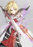  1girl 369minmin armor blonde_hair clarent fate/apocrypha fate_(series) green_eyes looking_at_viewer ponytail saber_of_red simple_background smile solo sword weapon white_background 