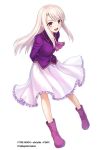  1girl :d arms_behind_back boots eyebrows_visible_through_hair fate/stay_night fate_(series) floating_hair frilled_skirt frills full_body illyasviel_von_einzbern long_hair looking_at_viewer official_art open_mouth purple_boots purple_shirt red_eyes shirt silver_hair simple_background skirt smile solo standing white_background white_skirt 