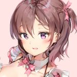  anmi bangs blush bow bowtie breasts brown_hair collarbone detached_collar hair_between_eyes hair_ribbon large_breasts looking_at_viewer open_mouth pink_background pink_bow ribbon short_hair solo violet_eyes 