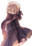  1girl ahoge arched_back bangs black-framed_eyewear black_skirt blonde_hair blush braid coat duffel_coat eyebrows_visible_through_hair fate/grand_order fate_(series) french_braid fringe from_side glasses heroine_x heroine_x_(alter) looking_at_viewer open_clothes open_coat opopowa parted_lips plaid plaid_scarf pleated_skirt saber scarf school_uniform semi-rimless_glasses serafuku simple_background skirt solo under-rim_glasses white_background yellow_eyes 