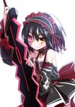  1girl alice_(mary_skelter) bare_shoulders black_hair choker gloves hair_ornament hairband hairclip heterochromia looking_at_viewer mary_skelter mizunashi_(second_run) pink_eyes short_hair solo sword weapon yellow_eyes 