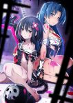  2girls alice_(mary_skelter) barefoot black_hair blue_eyes blue_hair breasts chains cinderella_(mary_skelter) cleavage cuffs gloves handcuffs highres mary_skelter messy multiple_girls nanameda_kei off_shoulder official_art short_hair squatting torn_clothes white_gloves yellow_eyes 
