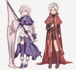  1boy 1girl armor armored_dress blonde_hair book bow braid cape capelet chains commentary_request cross fate/apocrypha fate_(series) flag full_body gauntlets green_eyes hair_bow headpiece highres holding holding_book kotomine_shirou long_hair long_sleeves looking_at_viewer open_mouth purple_bow purple_legwear red_cape ruler_(fate/apocrypha) single_braid smile spiky_hair thigh-highs very_long_hair white_hair wowishi yellow_eyes younger 
