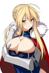  1girl ahoge artoria_pendragon_lancer_(fate/grand_order) blonde_hair blush braid breast_hold breasts cape cleavage cleavage_cutout fate/grand_order fate_(series) gauntlets green_eyes hair_between_eyes hirame_sa large_breasts looking_at_viewer nose_blush parted_lips saber short_hair_with_long_locks sidelocks solo upper_body 