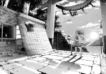  1girl akaneharu_ohkami bench blinds clouds geta greyscale hachimaki headband high_ponytail japanese_clothes kantai_collection leaf long_hair monochrome mountain muneate ocean pavement ponytail rope scenery shed shimenawa shorts sky smile socks solo sun sunlight torii tree vending_machine water zuihou_(kantai_collection) 