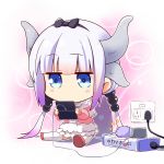  1girl blue_eyes chibi dragon_girl dragon_tail electric_socket hair_bobbles hair_ornament hairband handheld_game_console highres holding kanna_kamui kobayashi-san_chi_no_maidragon lavender_hair long_hair low_twintails nintendo_3ds playing_games revision solo subaru_(794829485) tail translation_request twintails 