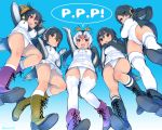  5girls :d :o arm_up arms_behind_head black_hair blonde_hair blush boots breasts brown_eyes covered_navel cross-laced_footwear emperor_penguin_(kemono_friends) eyes_visible_through_hair from_below gentoo_penguin_(kemono_friends) group_name hair_over_one_eye headphones hood hoodie humboldt_penguin_(kemono_friends) inari_(kimitama0902yahoocojp) kemono_friends knee_boots kneehighs large_breasts leotard long_hair looking_at_viewer looking_down multicolored_hair multiple_girls open_mouth panties red_eyes redhead rockhopper_penguin_(kemono_friends) royal_penguin_(kemono_friends) short_hair signature skirt smile thigh-highs twintails twitter_username two-tone_hair underwear white_hair white_legwear white_leotard white_panties 