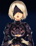 1girl artist_name black_background blindfold breasts cleavage mole mole_under_mouth nier_(series) nier_automata open_mouth short_hair simple_background solo tongue upper_body viola_(seed) white_hair yorha_no._2_type_b 