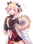  1boy blush fate/apocrypha fate/grand_order fate_(series) highres looking_at_viewer macchoko male_focus open_mouth pink_hair rider_of_black smile solo trap violet_eyes white_background white_hair 