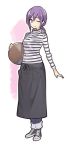  1girl ;) apron breasts converse eyebrows_visible_through_hair full_body holding holding_tray medium_breasts minoa_(lastswallow) one_eye_closed original pants pocket ponytail purple_hair shirt shoes short_hair simple_background smile sneakers solo standing striped striped_shirt tray turtleneck violet_eyes 