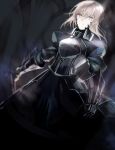  1girl armor armored_dress black_dress blonde_hair closed_mouth dark_background dark_persona dress eyebrows_visible_through_hair fate/stay_night fate_(series) gauntlets glint looking_at_viewer planted_weapon puffy_sleeves saber saber_alter short_hair solo weapon wowishi yellow_eyes 
