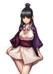  1girl ayasato_mayoi bangs black_hair blunt_bangs blush brown_eyes closed_mouth collarbone cowboy_shot gyakuten_saiban head_tilt highres japanese_clothes jungon_kim kimono kimono_skirt long_hair magatama obi sash sidelocks simple_background skirt_hold smile solo very_long_hair white_background 