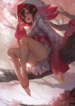  1girl :d arm_at_side arm_support ass bare_legs barefoot blurry blush breasts brown_hair creep_(gundamdg) demon_girl depth_of_field dutch_angle feet floral_print flower from_below glowing glowing_eyes hair_between_eyes hair_flower hair_ornament half-closed_eyes highres hood in_tree japanese_clothes kimono knees_up knot laughing light_particles long_sleeves looking_at_viewer medium_breasts obi oni_horns onmyoji open_mouth outdoors peach_blossom pink_flower pointy_ears red_eyes sash short_eyebrows short_kimono sitting smile solo tao_hua_yao thighs toenails toes tree wide_sleeves yukata 