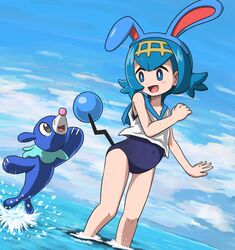  1girl :d animal_ears azumarill azumarill_(cosplay) bangs bare_shoulders black_eyes blue_eyes blue_hair blue_sky blue_swimsuit blush clouds cosplay covered_navel day dutch_angle fake_animal_ears fake_tail flat_chest flipped_hair from_side full_body hair_ornament hairband hand_up happy in_water jumping legs looking_at_another motion_lines new_school_swimsuit ocean one-piece_swimsuit open_mouth outdoors outstretched_arm partially_submerged pokemon pokemon_(creature) pokemon_(game) pokemon_sm popplio sailor_collar school_swimsuit shirt short_hair sky sleeveless sleeveless_shirt smile splashing standing suiren_(pokemon) swimsuit swimsuit_under_clothes tail tail_wagging takamame trial_captain wading water water_drop wet white_shirt 