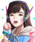  1girl adapted_costume bangs brown_eyes brown_hair casual d.va_(overwatch) double_scoop facial_mark headphones holding hood hoodie ice_cream_cone kirei_kotoba long_hair looking_at_viewer open_mouth overwatch portrait simple_background solo swept_bangs tongue tongue_out triangle whisker_markings white_background 