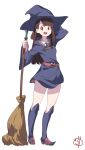  1girl :d arm_up bangs belt blunt_bangs boots broom brown_hair collared_shirt dress eyebrows_visible_through_hair full_body gochiwa hand_behind_head hat highres holding holding_broom kagari_atsuko legs little_witch_academia long_hair long_sleeves looking_at_viewer open_mouth red_eyes shirt short_dress sidelocks signature simple_background smile solo standing white_background wide_sleeves witch_hat 