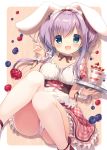  1girl :d animal_ears ankle_strap bangs black_bow black_bowtie blue_eyes blue_hair blueberry bow bowtie breasts commentary_request corset detached_collar food frilled_cuffs frilled_skirt frills fruit hair_bow highres holding holding_spoon holding_tray knees_together_feet_apart looking_at_viewer maid_headdress miyasaka_nako multicolored_hair open_mouth original panties pantyshot parfait purple_hair rabbit_ears raspberry red_ribbon ribbon short_hair_with_long_locks skirt smile solo spoon strawberry tray two-tone_hair underwear white_panties wrist_cuffs 