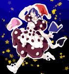  1girl blue_hair book closed_eyes doremy_sweet dress hat hug_(yourhug) nightcap open_book open_mouth pom_pom_(clothes) smile star tail tapir_tail touhou walking 