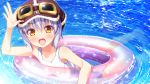  1girl :d arm_up blush breasts brown_hat fur_trim goggles goggles_on_headwear grey_hair hand_on_goggles hat highres imachireki innertube looking_at_viewer medium_breasts ocean open_mouth outdoors ripples school_swimsuit short_hair sidelocks smile solo swimsuit teeth water white_swimsuit yellow_eyes 