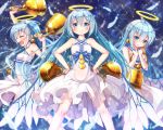  3girls bell_earrings bellringer_angel blue_eyes blue_hair closed_eyes dress earrings feathers hair_ornament hairclip halo hands_on_hips jewelry long_hair looking_at_viewer matokechi multiple_girls open_mouth shadowverse smile standing white_dress wings 