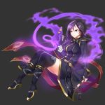  1girl absurdres bandage black_background black_boots black_coat black_gloves black_hair boots cat closed_mouth expressionless fingerless_gloves gloves hamericano highres long_hair looking_at_another magic maplestory ponytail thigh-highs thigh_boots violet_eyes 