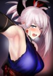  1girl arm_up armpits asymmetrical_hair blue_eyes blush breasts breath detached_sleeves earrings eyebrows_visible_through_hair fate/grand_order fate_(series) floral_print hair_ornament japanese_clothes jewelry kimono large_breasts lavender_hair long_hair looking_at_viewer miyamoto_musashi_(fate/grand_order) open_mouth sash sideboob solo sweat ulrich_(tagaragakuin) 