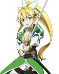 1girl :d blonde_hair bracelet braid breasts choker cleavage collar collarbone cowboy_shot green_eyes green_ribbon hair_between_eyes hair_ornament high_ponytail holding holding_sword holding_weapon jewelry leafa long_hair looking_at_viewer medium_breasts open_mouth pointy_ears ribbon sheath shorts simple_background smile solo standing sword sword_art_online twin_braids very_long_hair weapon white_background white_shorts 