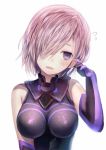  1girl ? bangs black_gloves blush breasts elbow_gloves fate/grand_order fate_(series) flying_sweatdrops gloves hair_over_one_eye hand_up looking_to_the_side medium_breasts opopowa parted_lips pink_hair purple_gloves shielder_(fate/grand_order) short_hair simple_background solo violet_eyes white_background 
