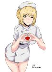  1girl ;) absurdres ahoge alternate_costume artist_name blush breasts buttons closed_mouth eyebrows_visible_through_hair fate/stay_night fate_(series) green_eyes hand_gesture hat heart heart_hamds heart_hands highres hisage_nanji large_breasts leaning_forward looking_at_viewer no_pants nurse nurse_cap one_eye_closed pink_lips saber shiny shiny_skin short_hair short_sleeves side_slit simple_background smile thigh_gap white_background 