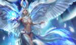  1girl absurdres bangs blue_eyes breasts closed_mouth commentary_request copyright_request detached_collar feathers gem glowing groin heart highres li_miao long_hair medium_breasts navel orb parted_bangs realistic smile solo white_hair white_wings wings 
