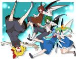  5girls :d ahoge black_pants black_shoes black_skirt black_vest blonde_hair blue_bow blue_dress blue_hair blue_skirt blue_vest bow brown_dress brown_hat cirno daiyousei dress eichi_yuu fairy_wings full_body green_hair hair_bow hair_ribbon hat ice ice_wings long_sleeves looking_at_viewer mary_janes multiple_girls mystia_lorelei open_mouth outstretched_arms pants puffy_pants red_ribbon redhead ribbon rumia shirt shoes short_hair short_sleeves side_ponytail skirt smile spread_arms team_9 touhou upside-down vest white_legwear white_shirt wide_sleeves wings wriggle_nightbug yellow_bow 