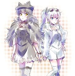  2girls animal_hat black_hair blake_belladonna blue_eyes bracelet cat_hat company_connection crunchyroll earrings fashion hat highres iesupa jacket jewelry long_hair multiple_girls ponytail pose rwby scar skirt sunglasses sunglasses_on_head thigh-highs weiss_schnee white_hair yellow_eyes 