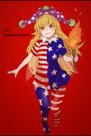  1girl american_flag american_flag_dress american_flag_legwear american_flag_shirt blonde_hair bright_pupils clownpiece dress fairy fairy_wings frilled_shirt_collar frills full_body grin hat highres holding jester_cap leggings long_hair mirukia neck_ruff pantyhose pink_eyes polka_dot print_legwear red_background sharp_teeth short_sleeves simple_background smile star star_print teeth torch touhou very_long_hair wings 