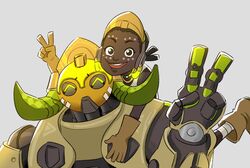  2girls ^_^ black_hair closed_eyes cristina_massanell dark_skin efi_oladele facepaint grey_background headphones multiple_girls no_mouth omnic on_shoulder orisa_(overwatch) overwatch robot v very_dark_skin 