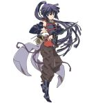  1girl akatsuki_(log_horizon) blue_eyes blue_hair brown_pants detached_sleeves floating_hair full_body hara_kazuhiro high_ponytail holding holding_sword holding_weapon log_horizon long_hair looking_at_viewer official_art pants simple_background solo standing sword very_long_hair weapon white_background 