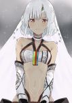  1girl altera_(fate) alternate_hair_length alternate_hairstyle bandeau bangs bare_shoulders breasts brown_eyes closed_mouth collarbone dark_skin detached_sleeves eyebrows_visible_through_hair fate/extella fate/extra fate_(series) highres light_smile looking_at_viewer navel nesume short_hair small_breasts smile solo sparkle upper_body veil white_hair 