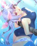  1girl :d ass blue_hair blurry breasts depth_of_field fang hair_ribbon highres i-19_(kantai_collection) jiiwara kantai_collection leaning_back long_hair looking_at_viewer name_tag ocean open_mouth orange_eyes ribbon school_swimsuit smile solo submerged swimsuit torpedo tri_tails 