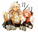  2boys armor birthday braid cake dark_skin dated fate/apocrypha fate_(series) food long_hair looking_at_another male_focus mine_(odasol) multiple_boys pink_hair pocky rider_of_black saber_of_black simple_background trap white_background white_hair 