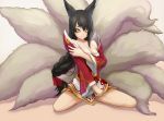  1girl ahri animal_ears bare_shoulders black_hair blush breasts cleavage collarbone detached_sleeves facial_mark fox_ears fox_tail highres korean_clothes large_breasts league_of_legends light_smile long_hair looking_at_viewer multiple_tails sitting solo tail wariza whisker_markings yellow_eyes 