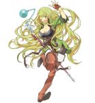  1girl boots breasts brown_gloves cleavage eyebrows_visible_through_hair fingerless_gloves floating_hair full_body gloves green_eyes green_hair hara_kazuhiro holding holding_staff large_breasts log_horizon long_hair marielle_(log_horizon) official_art one_eye_closed one_leg_raised open_mouth pointy_ears simple_background solo staf staff standing thigh-highs thigh_boots very_long_hair white_background 