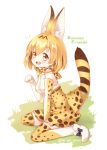  1girl :d animal_ears cat_ears cat_tail commentary_request copyright_name kemono_friends light_brown_hair looking_at_viewer mimi_(mimi_puru) open_mouth paw_pose serval_(kemono_friends) serval_ears serval_print serval_tail short_hair sitting smile solo tail thigh-highs wariza yellow_eyes zettai_ryouiki 
