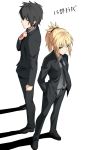  1boy 1girl bangs belt black_hair black_necktie black_pants black_shoes blonde_hair blue_eyes braid command_spell fate/grand_order fate_(series) formal fujimaru_ritsuka_(male) full_body green_eyes grey_shirt hands_in_pockets hirame_sa looking_at_viewer necktie pant_suit pants parted_bangs ponytail reverse_trap saber_of_red shadow shirt shoes short_hair simple_background smile suit 