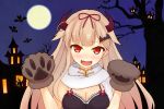  1girl :d alternate_costume asakura_meito bat bat_hair_ornament blurry blush bow breasts brown_hair chandelure cleavage commentary_request depth_of_field full_moon hair_bow hair_flaps hair_ornament hair_ribbon halloween highres horns kantai_collection long_hair looking_at_viewer moon open_mouth paws pokemon pokemon_(creature) red_eyes ribbon scarf smile solo yuudachi_(kantai_collection) 