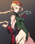  1girl ban bare_shoulders beret blonde_hair blue_eyes braid breasts cammy_white earpiece hat highres leotard long_hair looking_at_viewer muscle solo street_fighter 